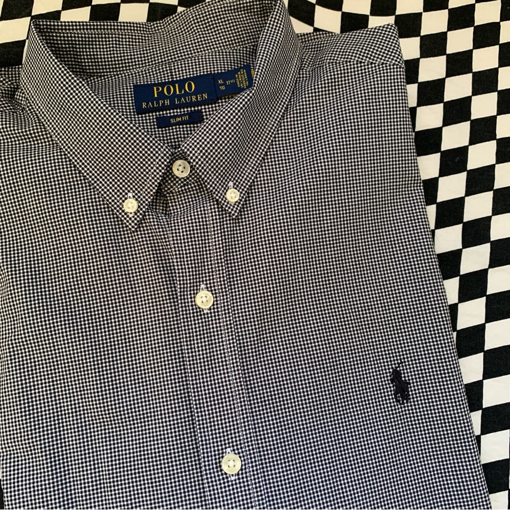Polo Ralph Lauren Black and White Gingham Check Size XL 17 1/2 Slim Fit EUC